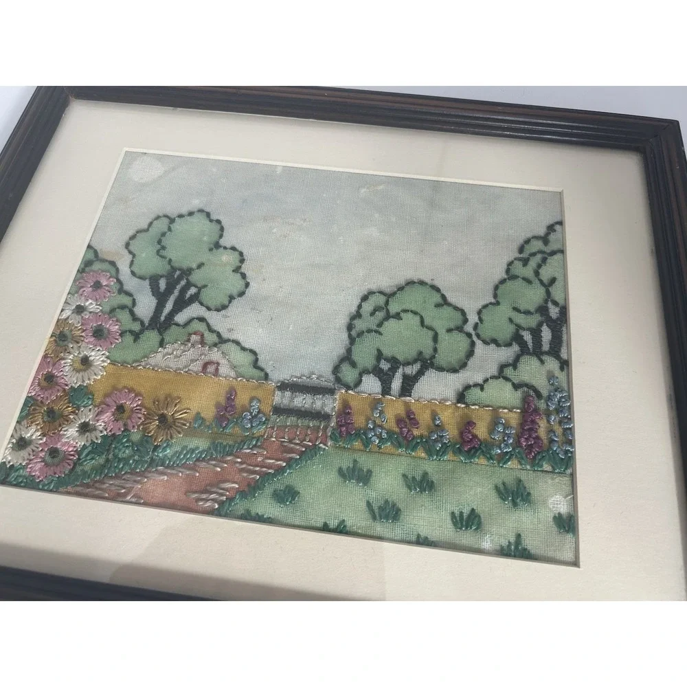 Vintage needle‎ point picture floral wood antique Framed 11x14 tapestry Farm